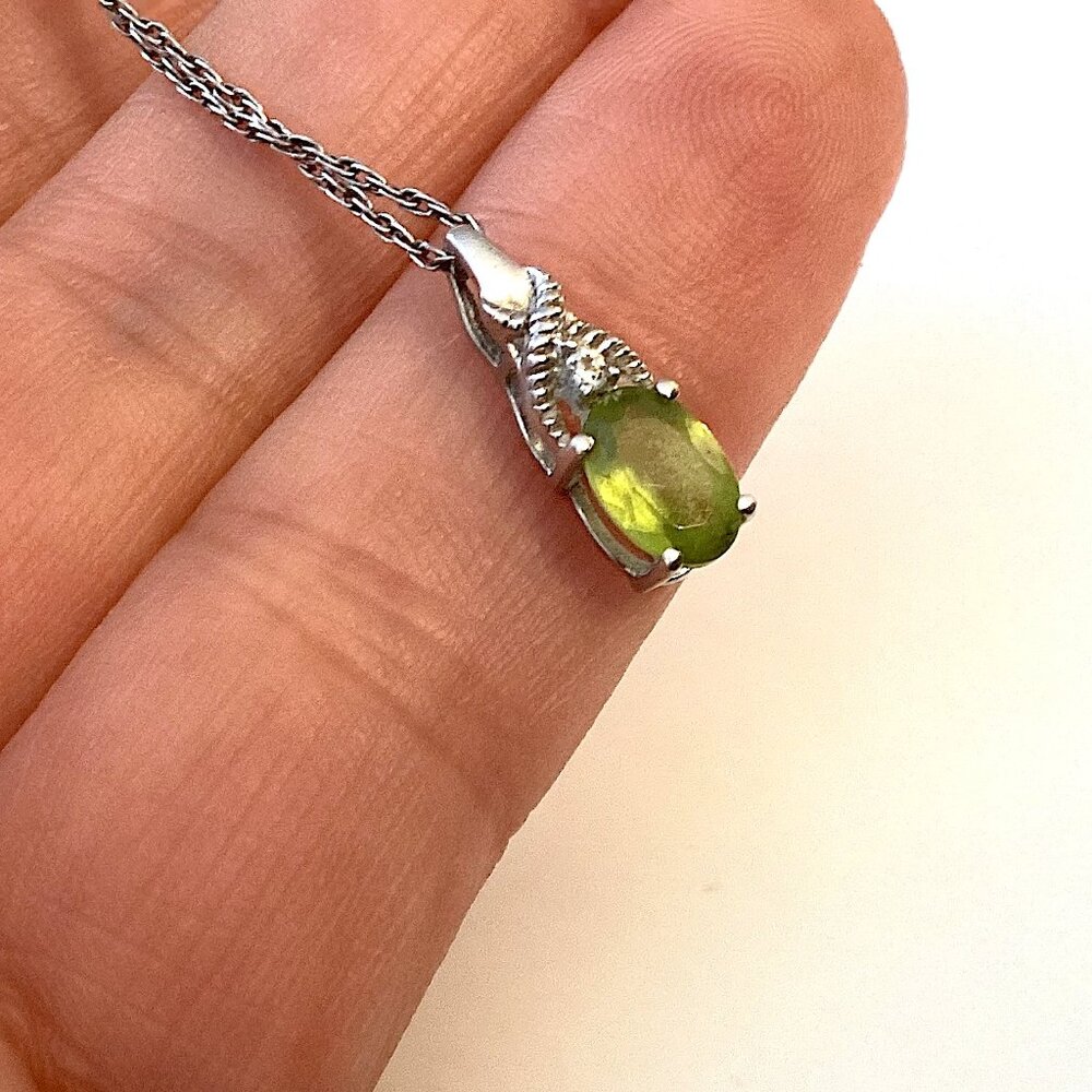 Vintage Peridot Necklace, Sterling Silver with CZ and Green Stone Pendant - Picture 5 of 12